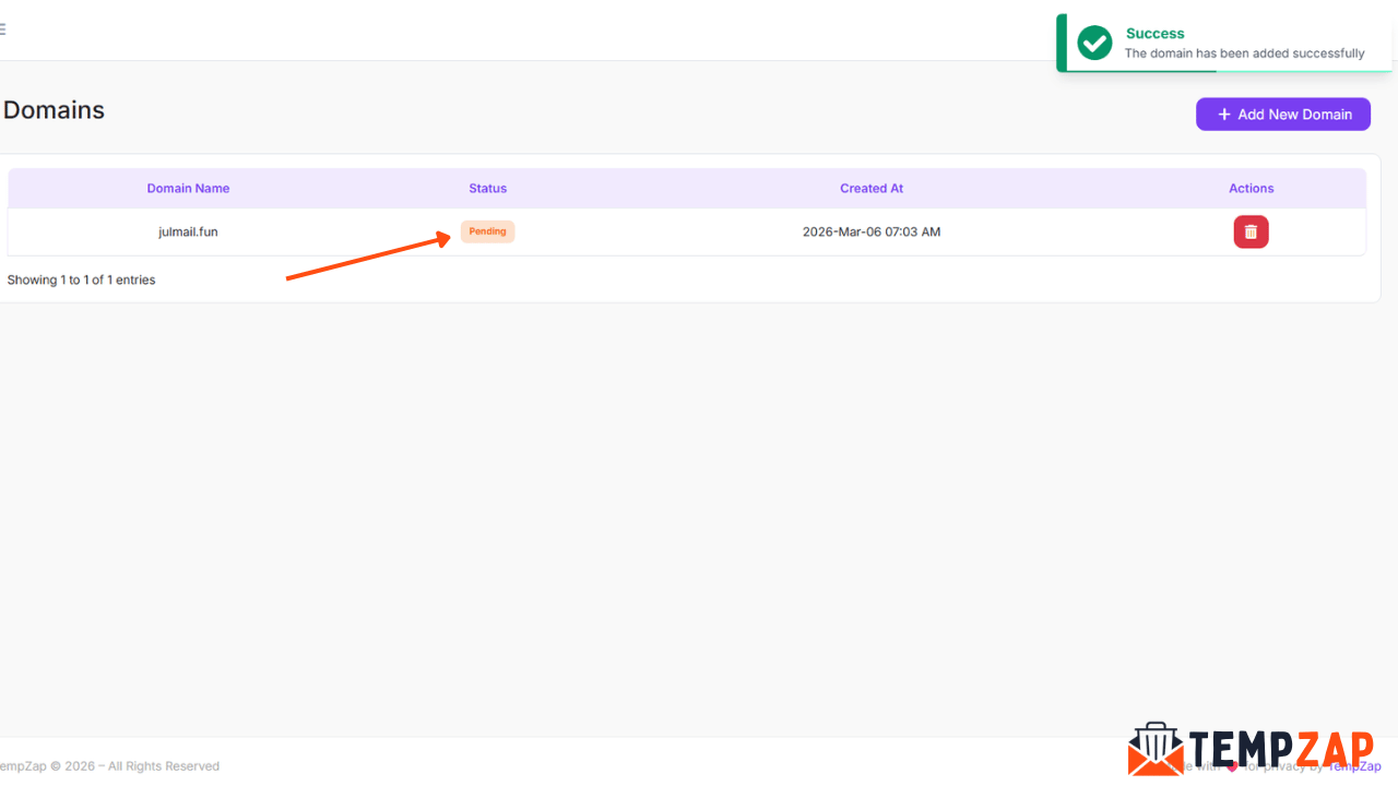 User submitting domain request on TempZap