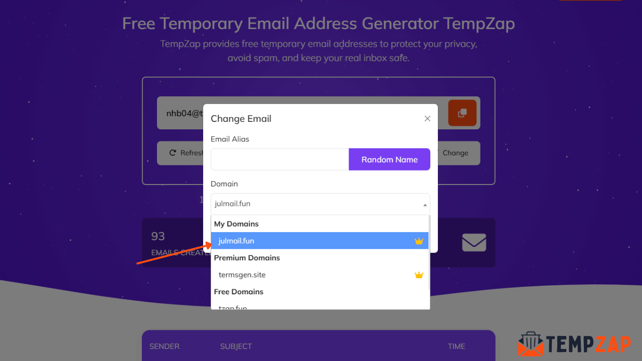 Example of custom temporary email address using a domain