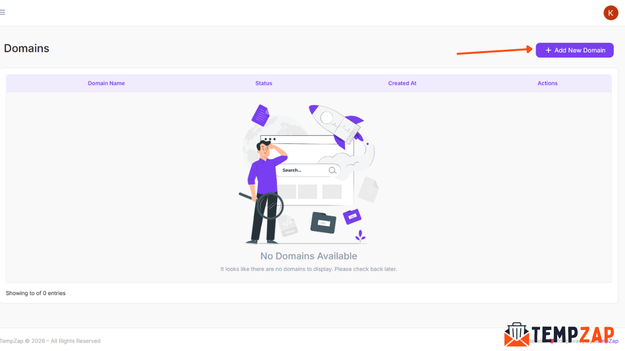 Adding a custom domain in TempZap domain settings