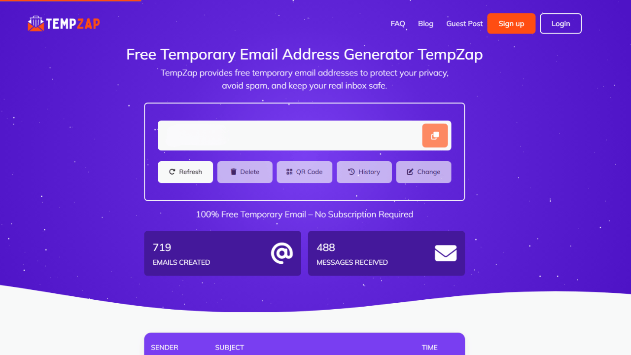 temporary email generator interface on TempZap