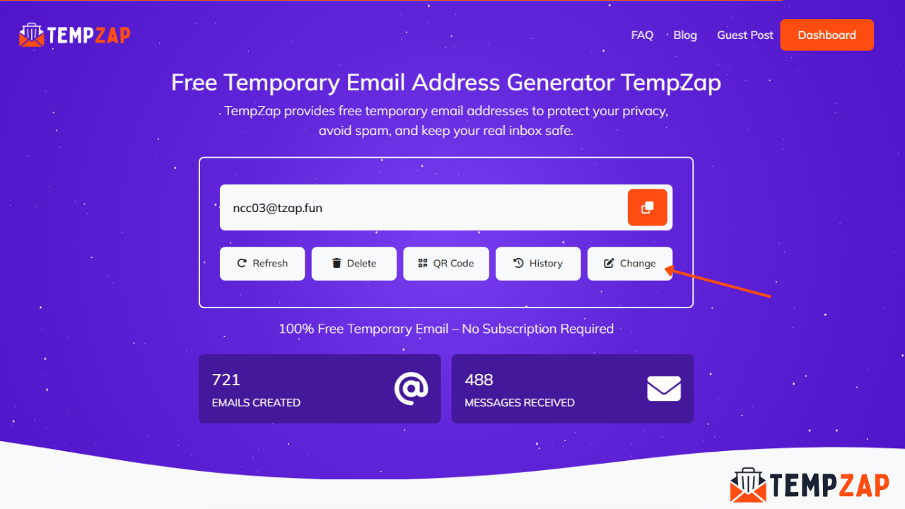 Change email option in TempZap inbox to update temporary email address