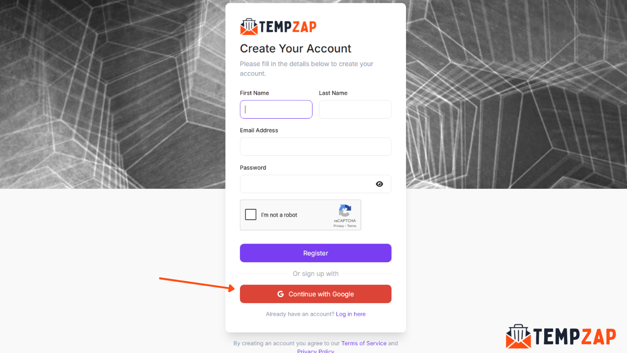 Create a account using email or register using google