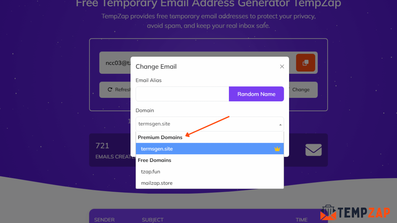 Selecting premium temporary email domain in TempZap dashboard