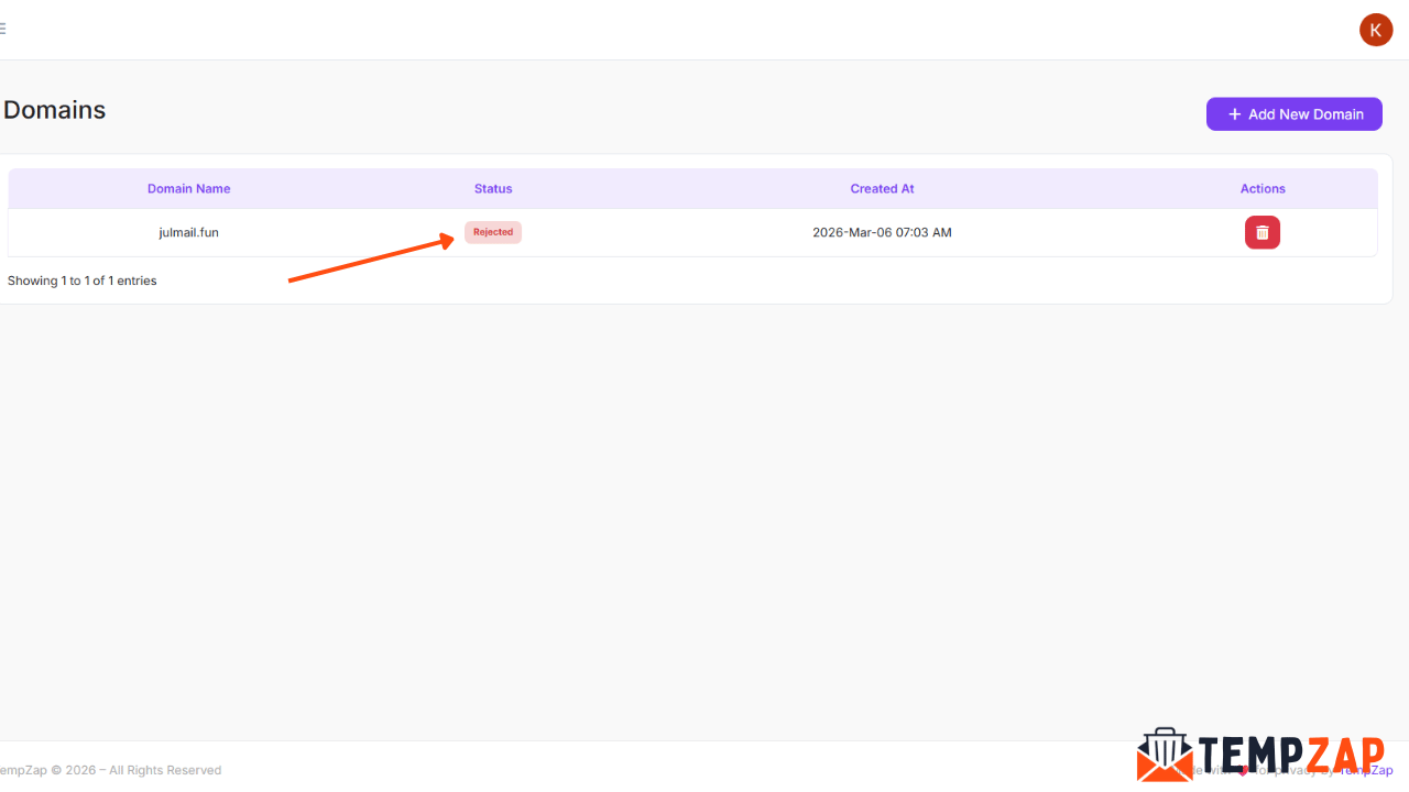 User submitting domain request on TempZap Rejected