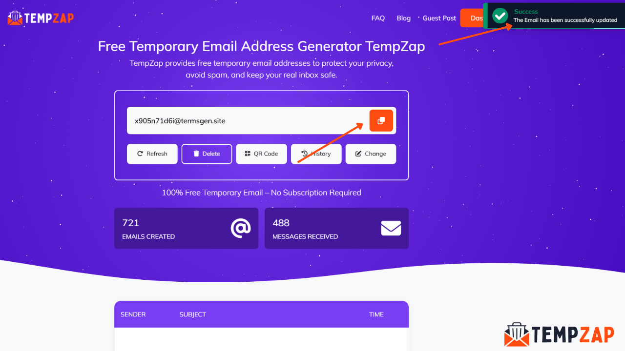 Premium temporary email address ready to receive emails on TempZap